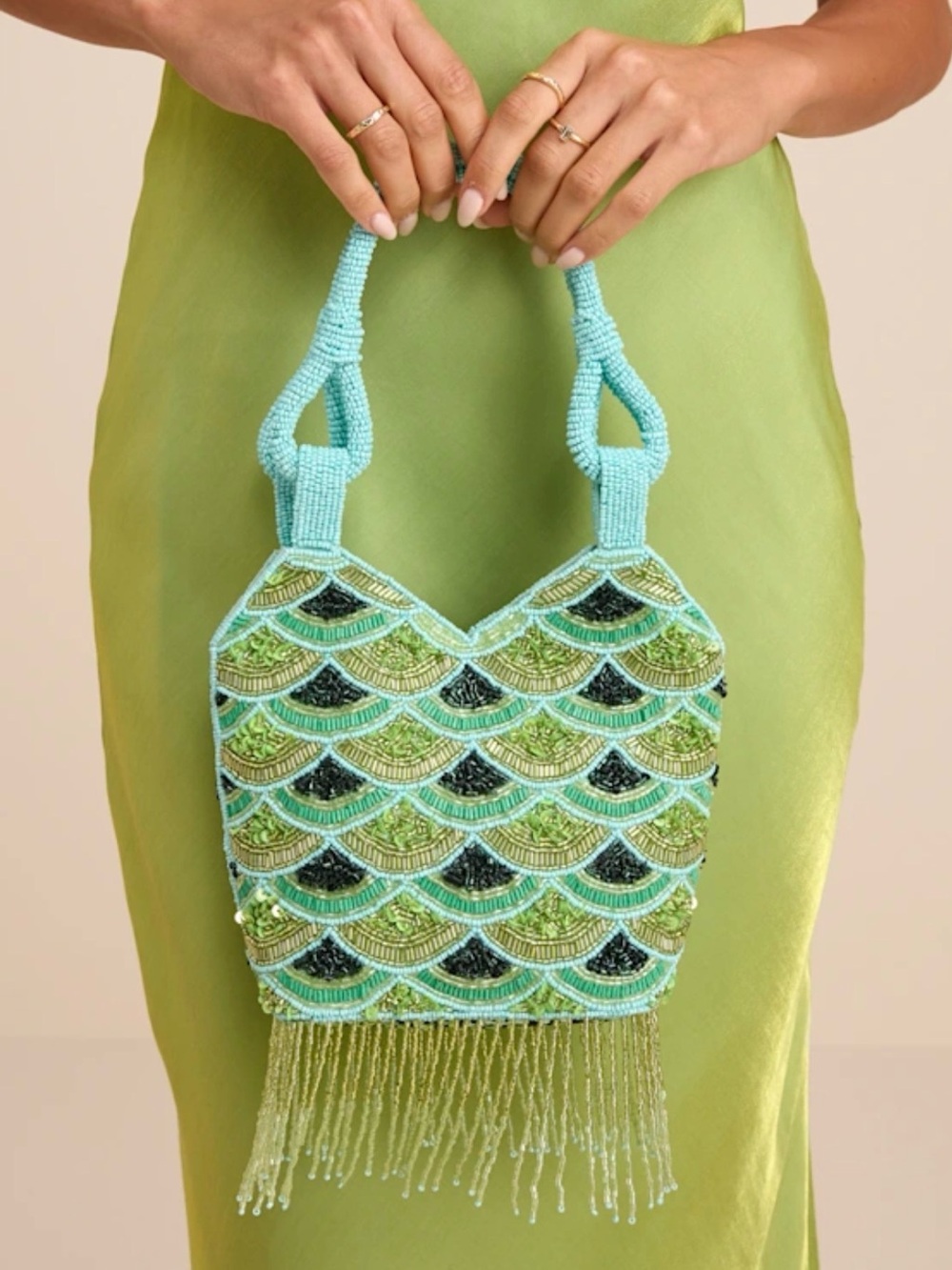 NWT Lulus Sonia Green Blue Beaded Fringe Bag